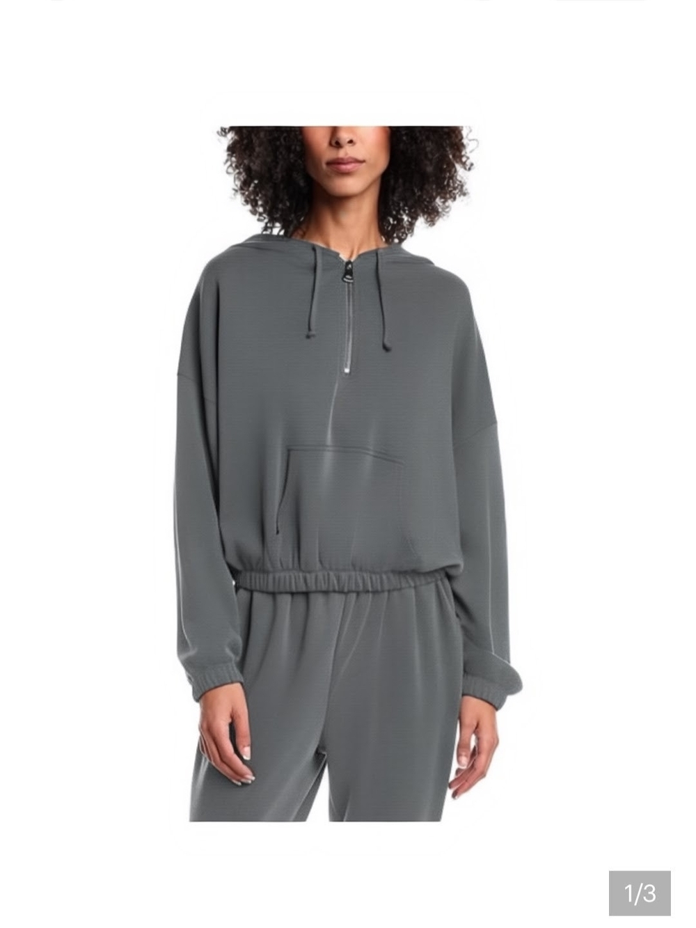 Grey Half-Zip Hoodie Top with Drawstring